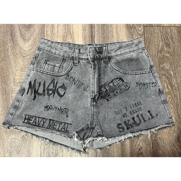 ROMWE WOMENS SIZE S 4 OUR GRUNGE PUNK LETTER GRAPHIC RAW DENIM GRAY SHORT - Picture 1 of 7